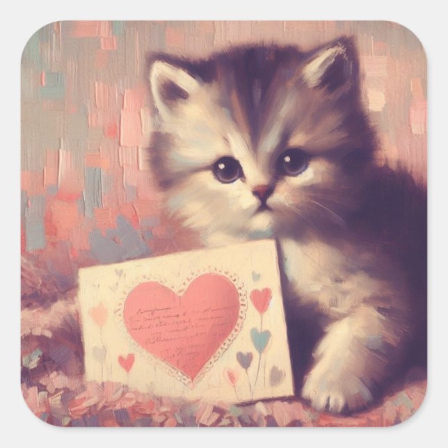Kitten with Valentine Vintage Painting Sticker (Front)