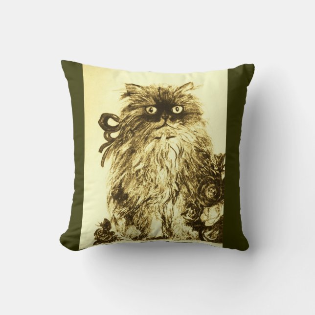 KITTEN WITH WHITE BROWN GREEN  ROSES CUSHION (Front)