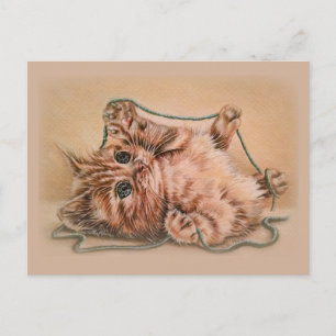 Kitten with Yarn drawing, pet cat art illustration Postcard