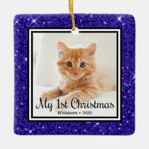 Kitten's 1st Christmas 2 Photo Blue Glitter Ceramic Ornament