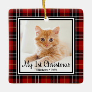 Kitten's 1st Christmas 2 Photo Red Plaid Ceramic Ornament