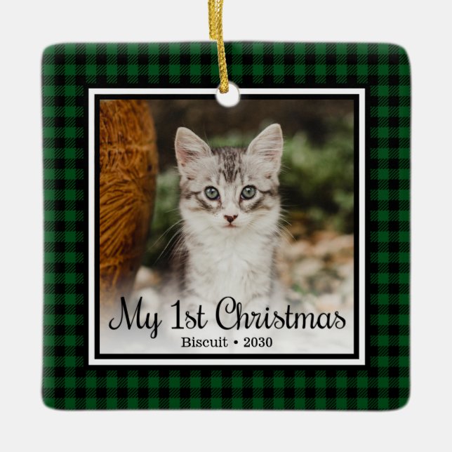 Kitten's 1st Christmas Green Buffalo Plaid Ceramic Ornament (Front)