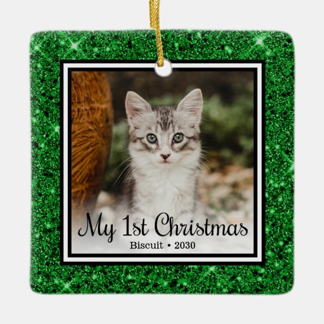 Kitten's 1st Christmas Green Glitter Ceramic Ornament (Front)