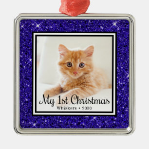 Kitten's 1st Christmas Photo Blue Glitter Metal Ornament