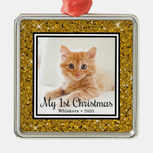 Kitten's 1st Christmas Photo Gold Glitter Metal Ornament
