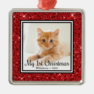 Kitten's 1st Christmas Photo Red Glitter Metal Ornament