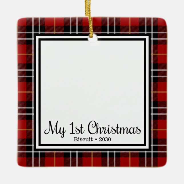 Kitten's 1st Christmas Red Plaid Ceramic Ornament (Front)