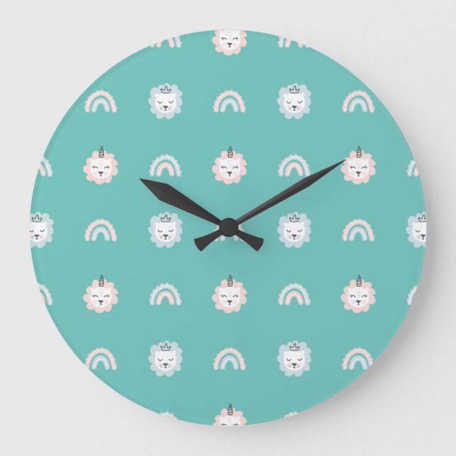 Kittens and Rainbows Pattern Teal Design for Baby Large Clock (Front)