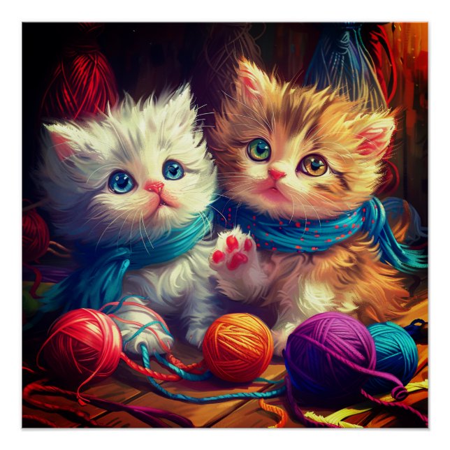 Kittens And Yarn Art  Poster (Front)