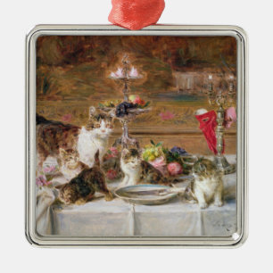 Kittens at a banquet, 19th century metal ornament