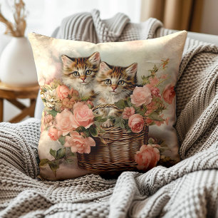 Kittens Basket Pink Roses Vintage Painting Cushion