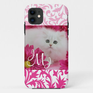 Kittens, Cats, Pink, Flowers, Monogram iPhone 11 Case