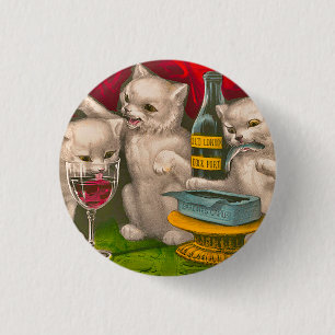Kittens drinking and eating sardine fish 3 cm round badge