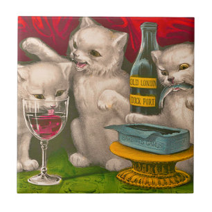 Kittens drinking and eating sardine fish ceramic tile