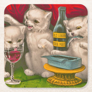 Kittens drinking and eating sardine fish square paper coaster
