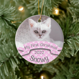 Kitten's First Christmas Pink Paw Print Ceramic Ornament