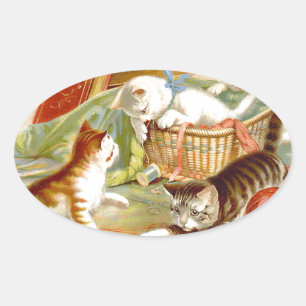 Kittens in a Basket playing Oval Sticker