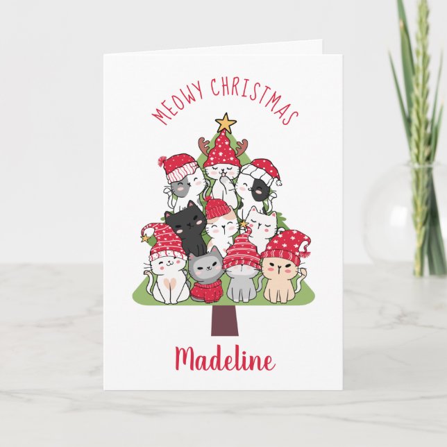 Kittens in a Christmas Tree Cute Cats Santa Hats Holiday Card (Front)