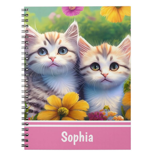 Kittens in a Flower Meadow Cute Personalised Name  Notebook (Front)