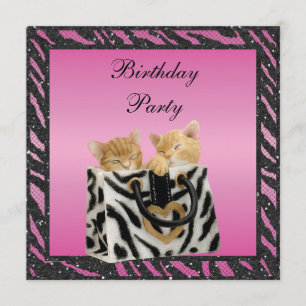 Kittens in Bag Zebra Print Faux Glitter Birthday Invitation