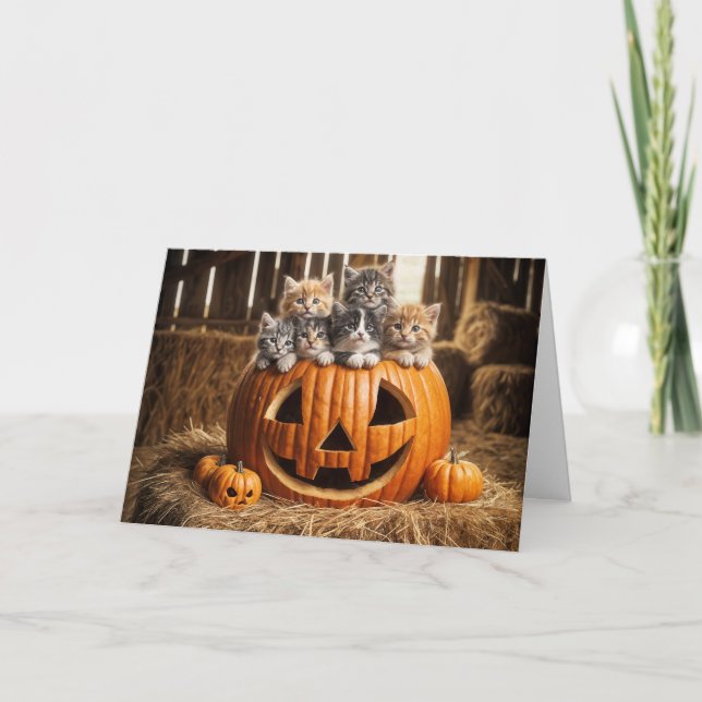 Kittens In Barn Halloween Pumpkin Card (Front)