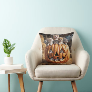 Kittens In Halloween Pumpkin Cushion