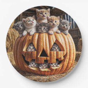 Kittens In Halloween Pumpkin Paper Plate