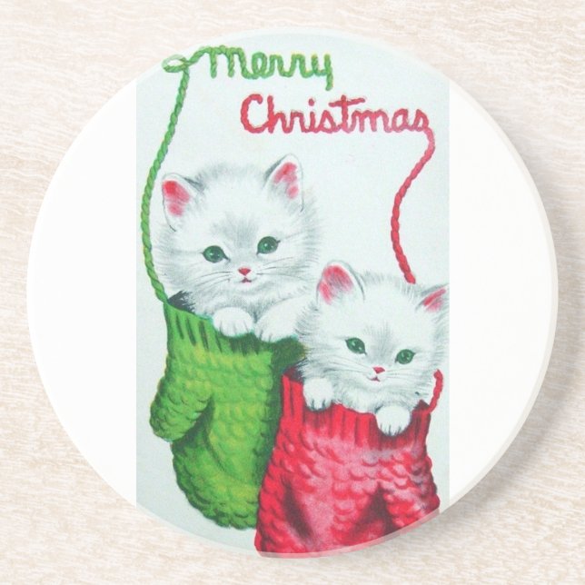 Kittens in Mittens Merry Christmas Coaster (Front)