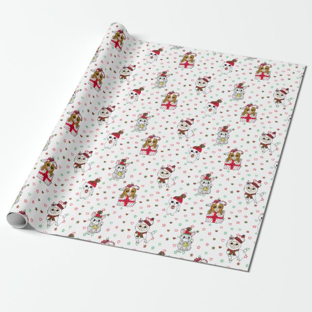 Kittens, Llamas and Mice Cute Christmas Holiday Wrapping Paper (Unrolled)