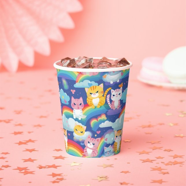 Kittens on Rainbow Clouds Happy Cat Lover Paper Cups (Insitu)