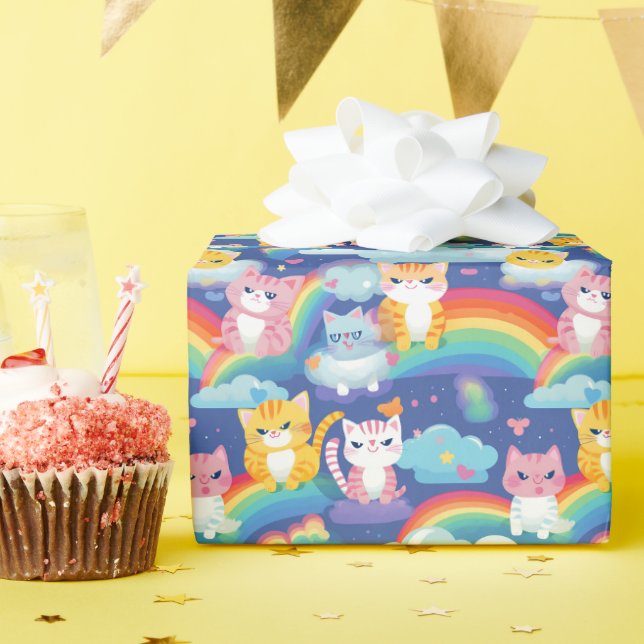 Kittens on Rainbow Clouds Happy Cat Lover Wrapping Paper (Birthday Party)