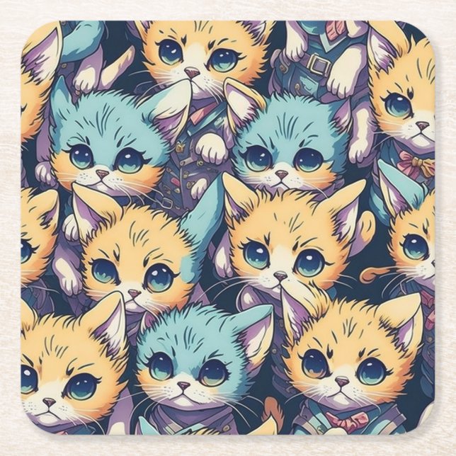Kittens pattern square paper coaster (Front)