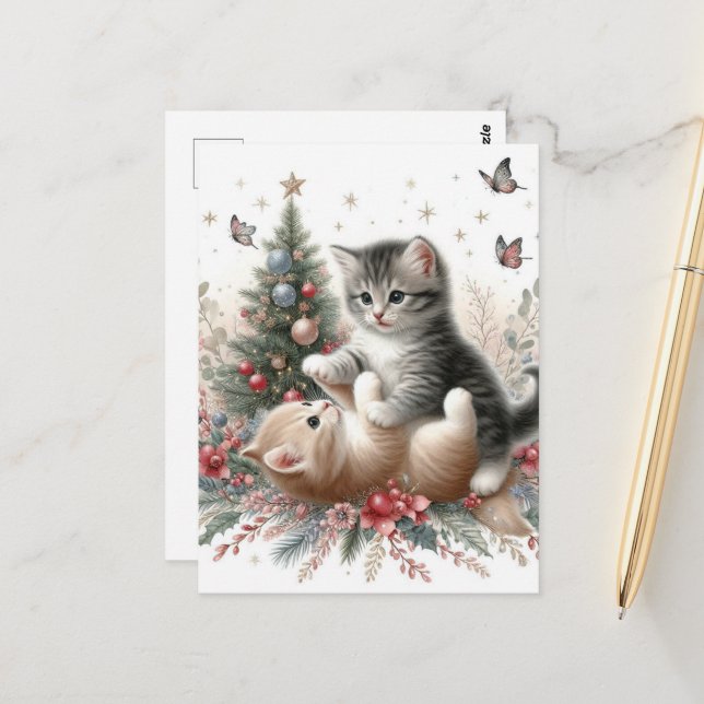 Kittens Playful Christmas Postcard (Front/Back In Situ)