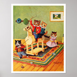 Kittens playing with a wooden horse, Louis Wain Poster