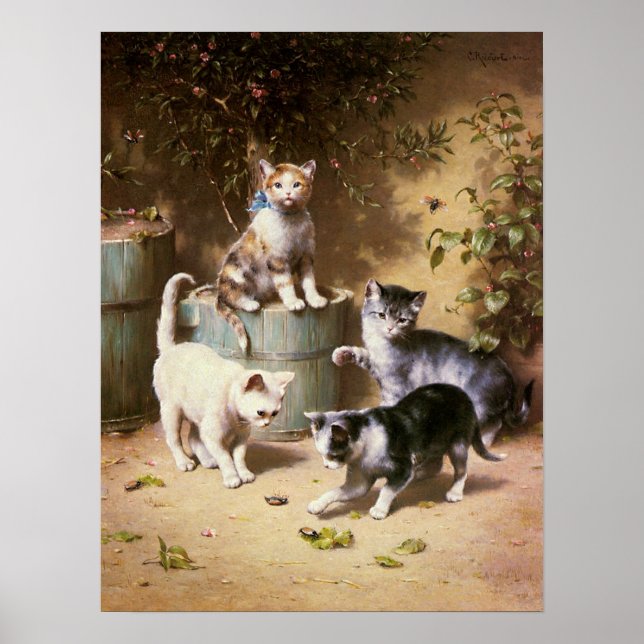 Kittens Playing with Beetles, Carl Reichert Poster (Front)