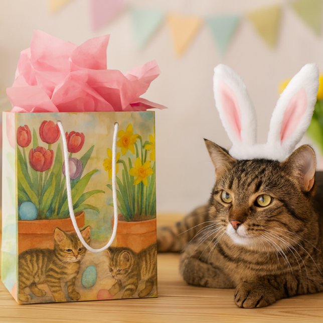 Kittens Playing with Easter Eggs  Medium Gift Bag (Create sweet kitty memories with this darling watercolor Easter cat gift bag. It's just too cute!)