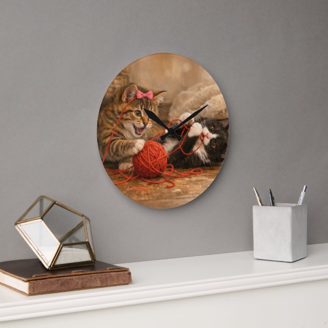 Kittens Playing with Yarn Acrylic Round Wall Clock (Office)