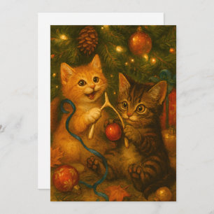 Kittens & Turkey Wishbone Under Christmas Tree Holiday Card
