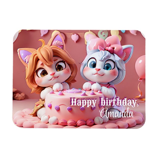 Kittens with birthday cake and balloons magnet (Horizontal)