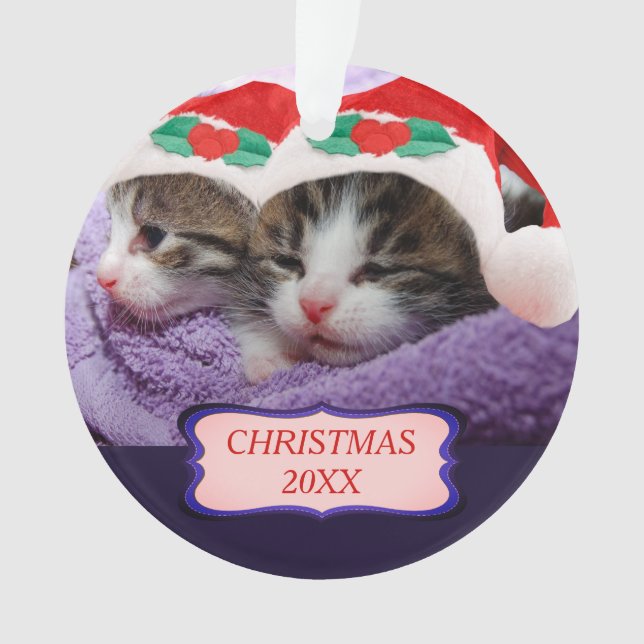 Kittens With Red Santa Hats Christmas 20XX Ornament (Front)