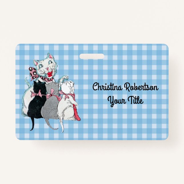 Kittens With Smiling Mother Cat Blue White Plaid ID Badge (Front)