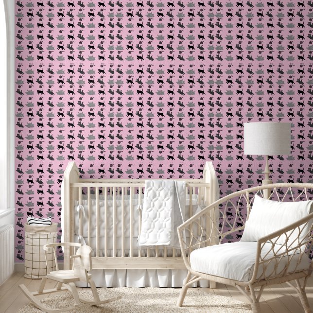 Kittens & Yarn Pink Wallpaper (Kids)