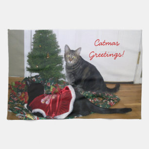Kitties with Christmas Tree Kitchen Towel