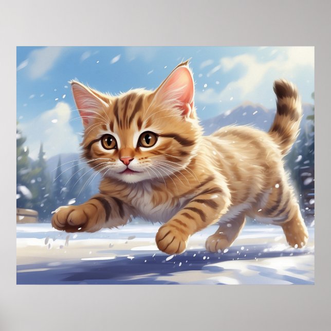 *~* Kitty 5:4  Kitten Cat Running SNOW AP68  Poster (Front)