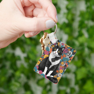Kitty among the flowers key ring