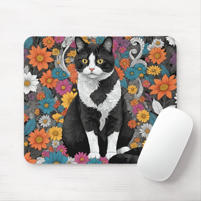 Kitty among the flowers mouse pad (With Mouse)