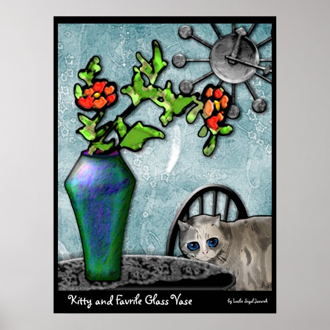 Kitty and Favrile Glass Vase Poster (Front)