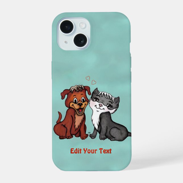 Kitty and Puppy , Edit Your Text iPhone 15 Case (Back)