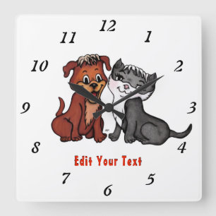Kitty and Puppy , Edit Your Text Square Wall Clock