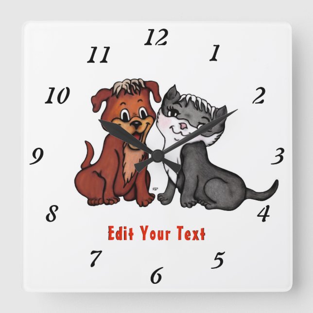 Kitty and Puppy , Edit Your Text Square Wall Clock (Front)